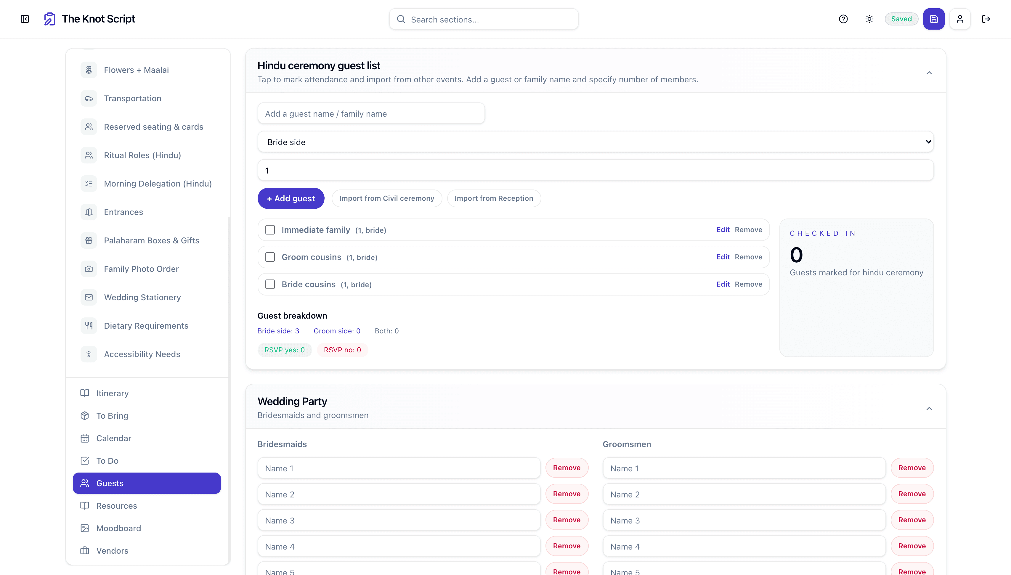 Guest management view with RSVP tracking and meal preferences